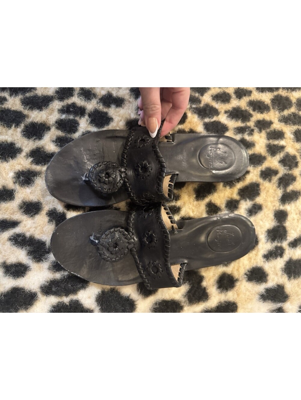 Jack Rogers Black Leather Medallion Embroidered Straps Slip-On Sandals Women